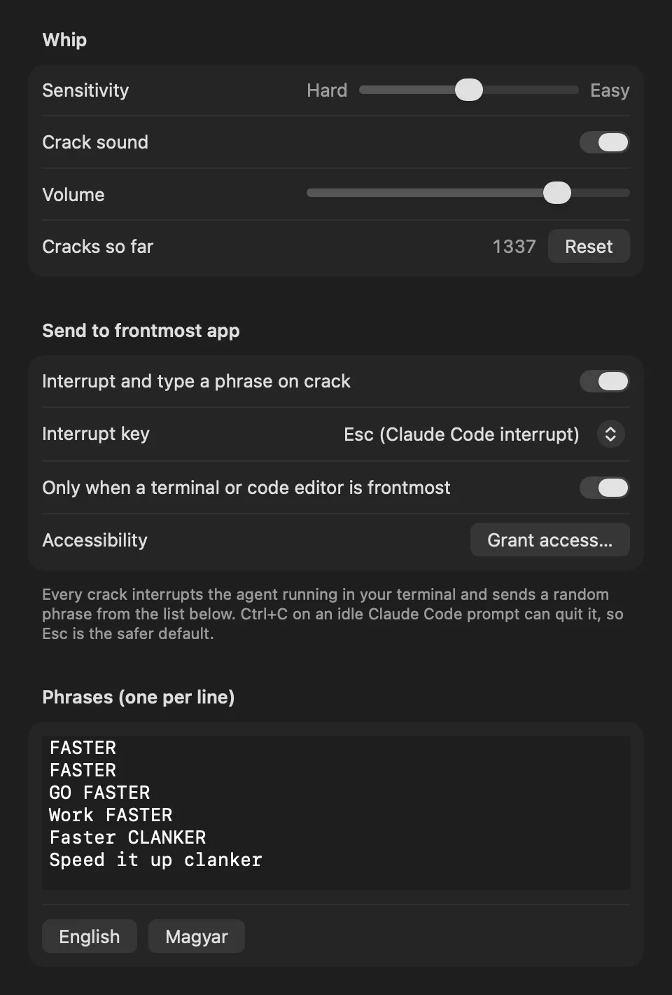 DigitalWhip settings window
